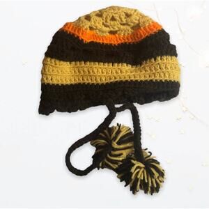 Vintage 70s Handmade Handcrafted Crochet Autumn Striped Beanie Hat with Pom Poms
